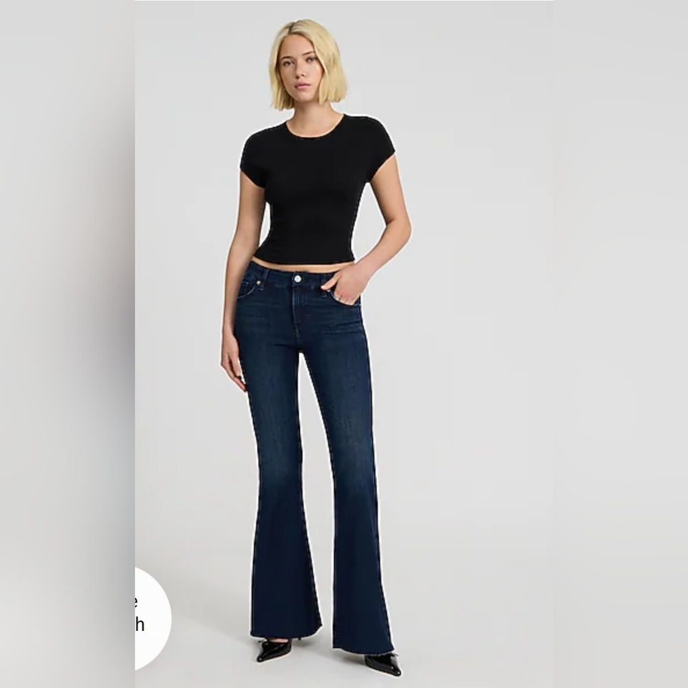 Express Mid Rise Dark Wash Raw Hem FlexX '70s Flare Jeans
